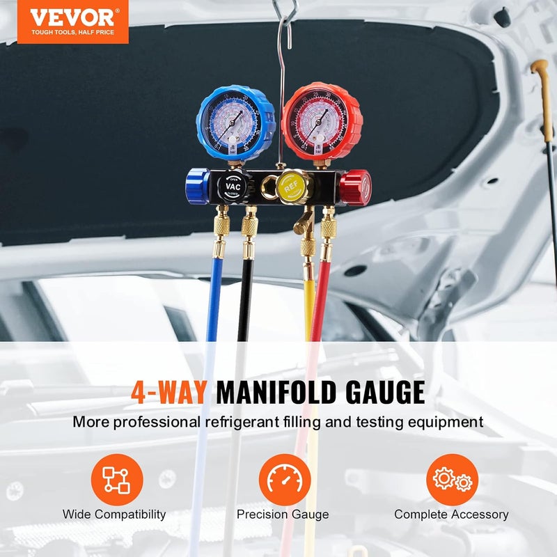 VEVOR 4 Way AC Gauge - AC Manifold Gauge Set for R134A R22 R12 R410A Refrigerant, Freon Gauges with 5ft Hoses, Couplers, Can Tap Works on Car Auto Freon Charging and Evacuation - Image 2